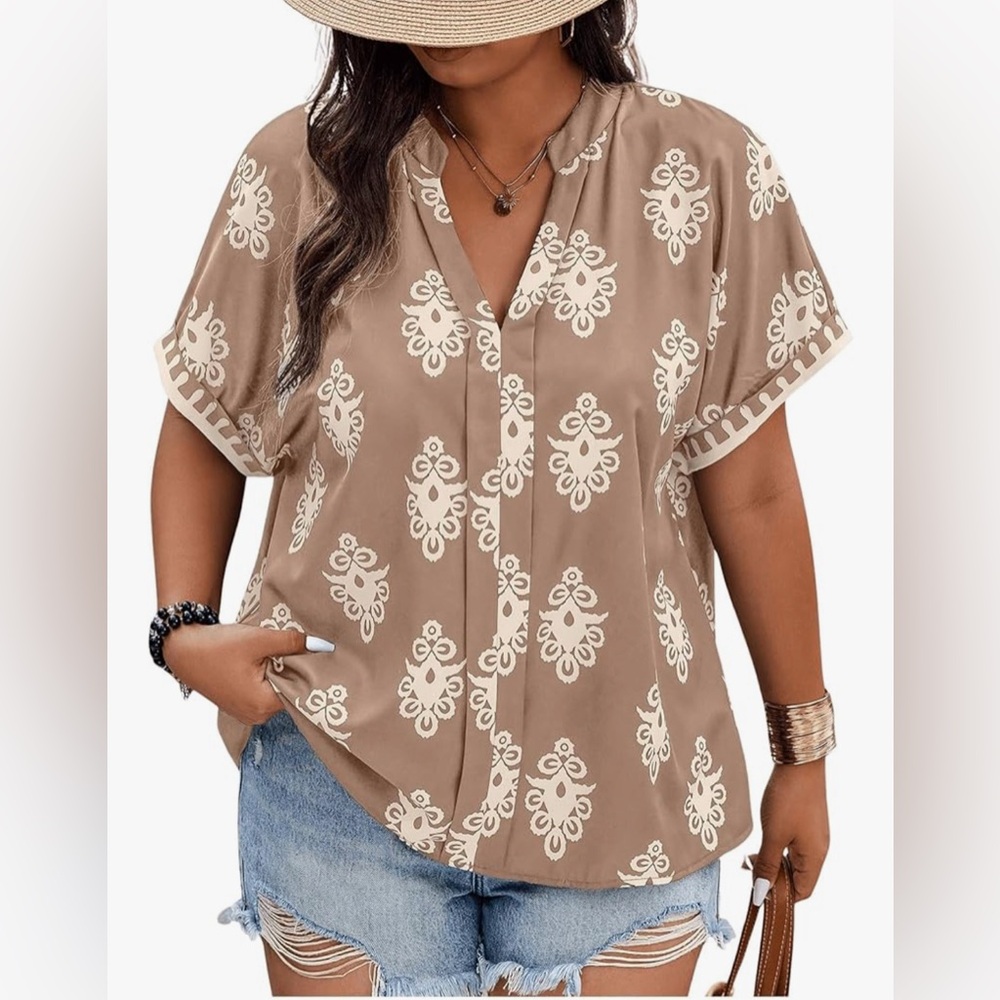 SHEIN Tan and Cream Patterned Blouse